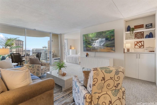 carpeted living room featuring a textured ceiling and expansive windows