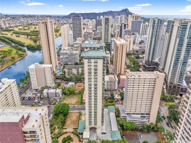 aerial view with a water and mountain view