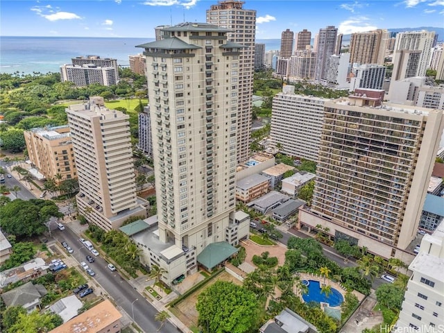 drone / aerial view with a water view