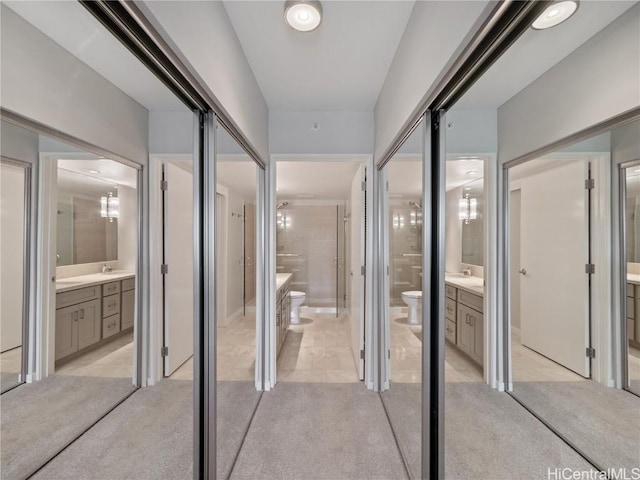 interior space featuring sink and light carpet