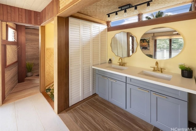 bathroom featuring vanity, hardwood / wood-style floors, wood walls, and rail lighting