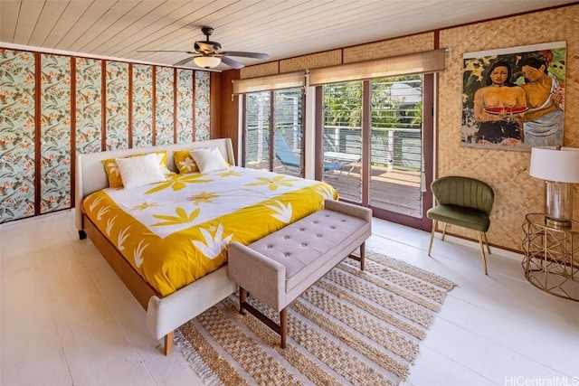 bedroom featuring access to outside, ceiling fan, and wooden ceiling