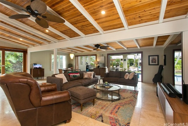 living room featuring vaulted ceiling with beams, light tile patterned floors, and wood ceiling