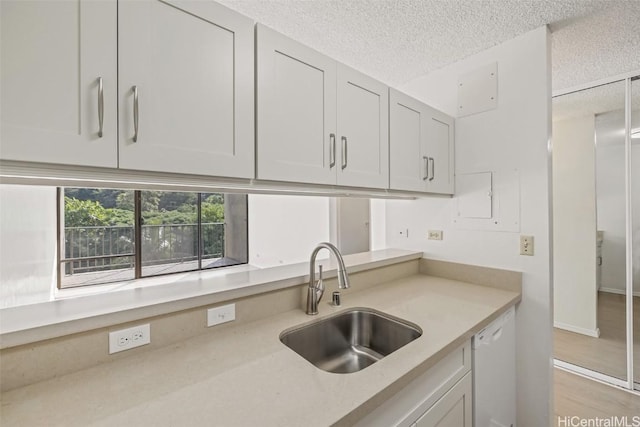 kitchen featuring sink, white dishwasher, a textured ceiling, and light hardwood / wood-style floors