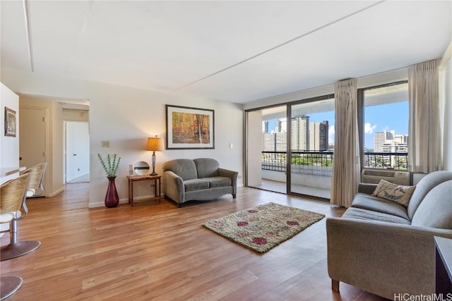 living room with a wall of windows, plenty of natural light, and light hardwood / wood-style flooring