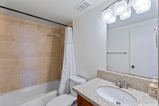 full bathroom featuring toilet, shower / bath combination with curtain, and vanity