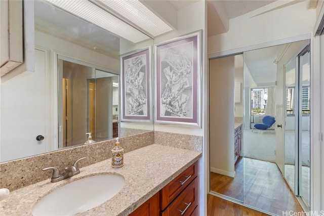 bathroom with wood-type flooring and vanity