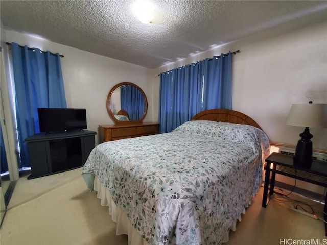 bedroom with carpet floors and a textured ceiling