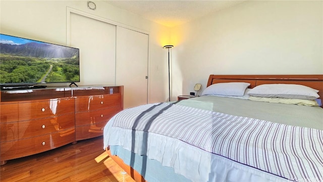 bedroom with hardwood / wood-style floors and a closet