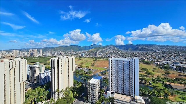 bird's eye view with a water and mountain view