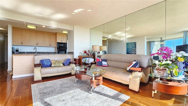 living room with a textured ceiling and light wood-type flooring