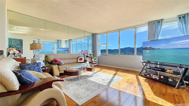 living room with light hardwood / wood-style flooring and a textured ceiling