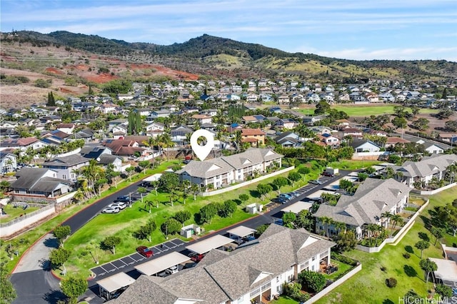 drone / aerial view featuring a mountain view