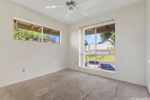 carpeted spare room featuring ceiling fan