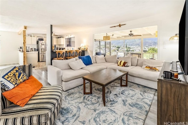 living room featuring light hardwood / wood-style floors and ceiling fan