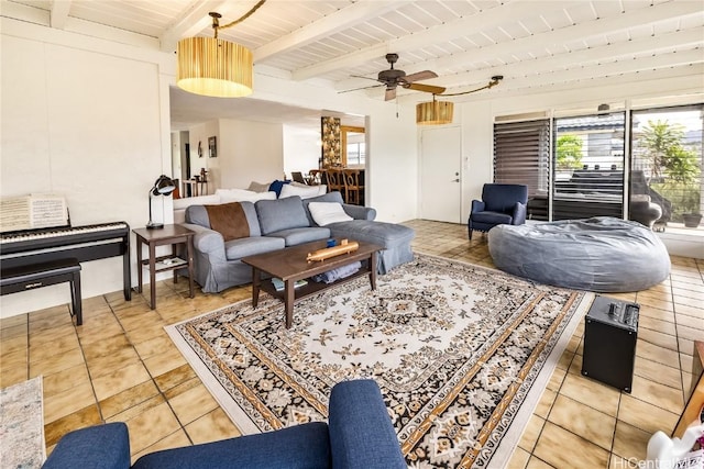 tiled living room with ceiling fan, beam ceiling, and wood ceiling