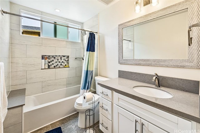 full bathroom with shower / bath combo, toilet, and vanity