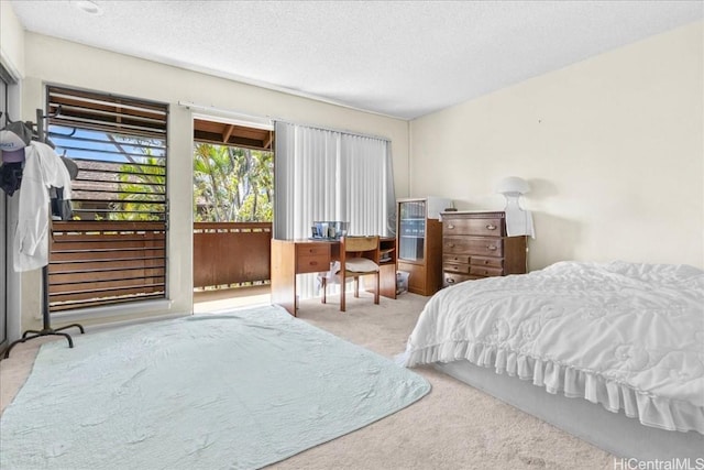 bedroom with light carpet, access to exterior, and a textured ceiling