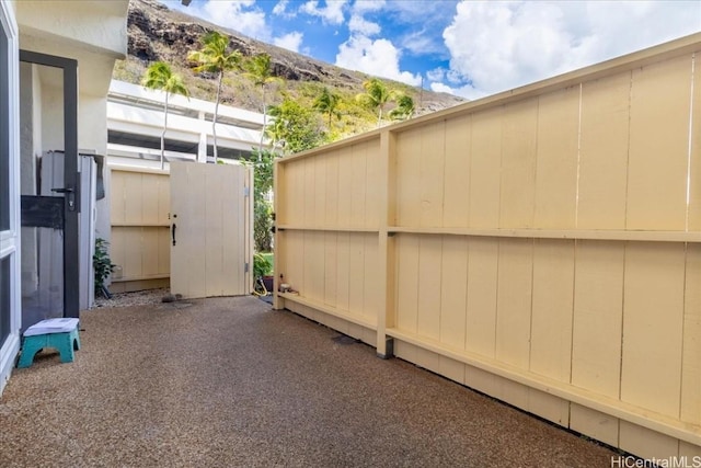 view of patio with a mountain view