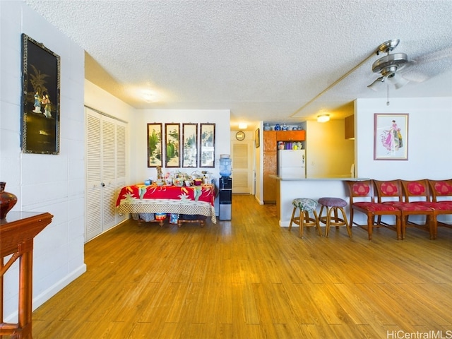 living room with ceiling fan, light hardwood / wood-style floors, and a textured ceiling