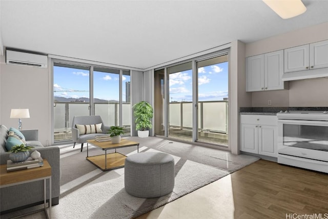 living room with dark wood-type flooring, expansive windows, and a wall mounted AC