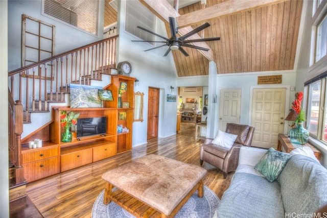 living room featuring high vaulted ceiling, wood ceiling, beamed ceiling, and hardwood / wood-style floors