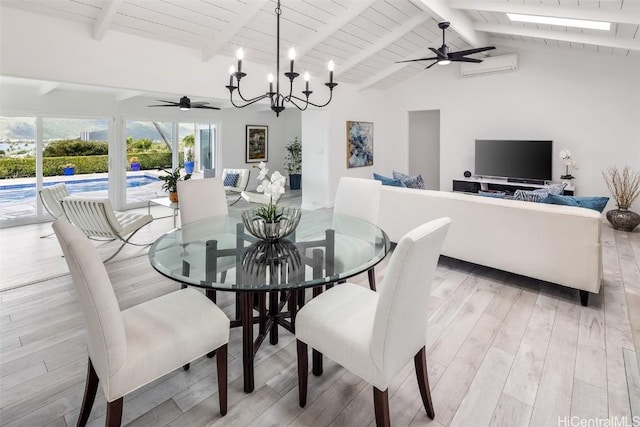 dining space with ceiling fan with notable chandelier, vaulted ceiling with beams, a wall mounted AC, wood ceiling, and light wood-type flooring