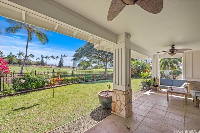 view of patio with an outdoor hangout area and ceiling fan