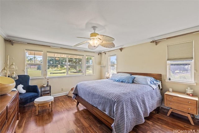 bedroom with multiple windows, ornamental molding, dark hardwood / wood-style floors, and ceiling fan