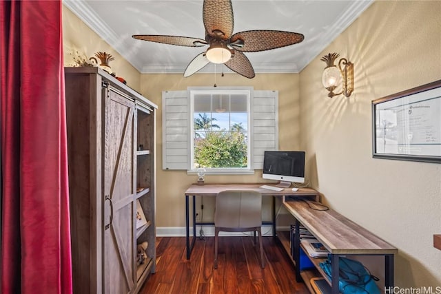 office featuring crown molding, ceiling fan, and dark wood-type flooring