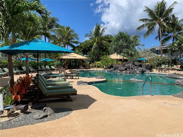 view of swimming pool with a gazebo and a patio