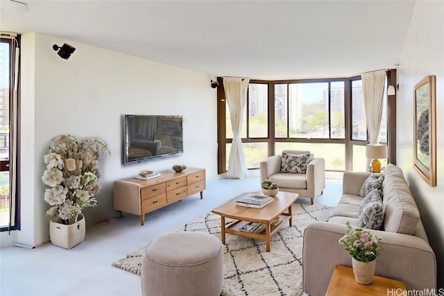 living room featuring a wall of windows and light colored carpet