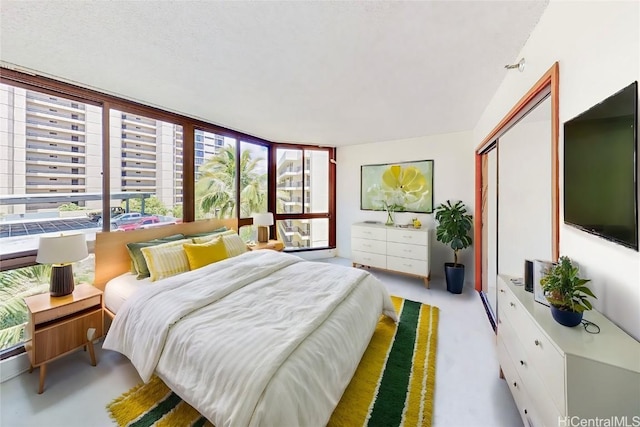 bedroom featuring floor to ceiling windows, light carpet, and a closet