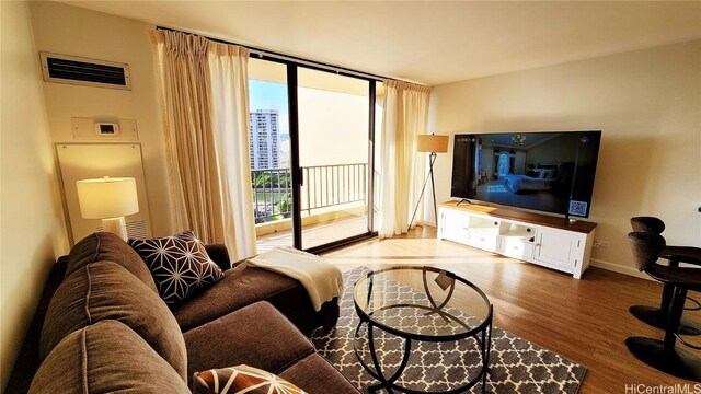 living room featuring floor to ceiling windows and wood-type flooring