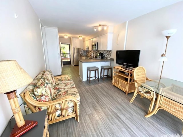 living room with dark hardwood / wood-style flooring