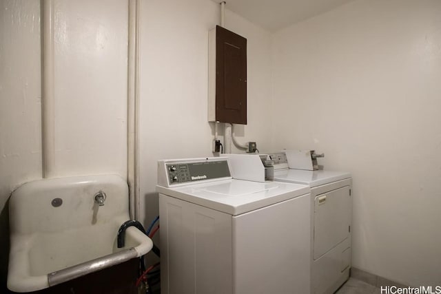 laundry area with washing machine and dryer and electric panel