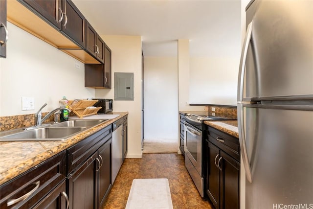 kitchen with sink, dark brown cabinetry, electric panel, and stainless steel appliances