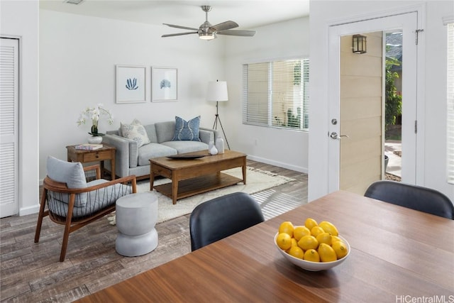 living room with ceiling fan and wood-type flooring