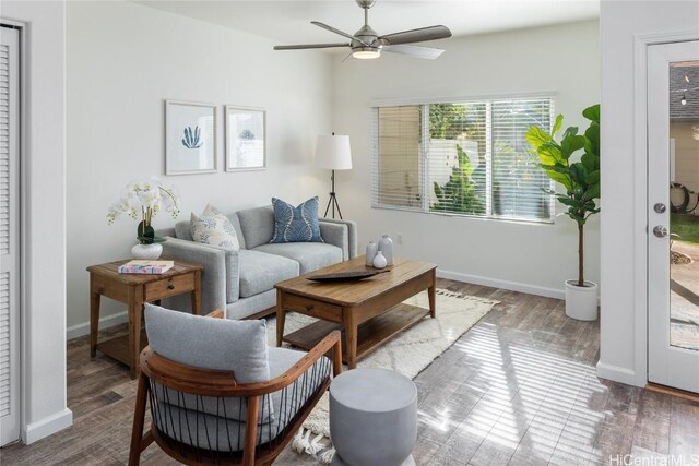 living room with ceiling fan and wood-type flooring