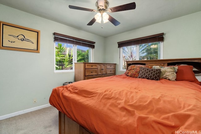 bedroom featuring ceiling fan, multiple windows, and carpet flooring