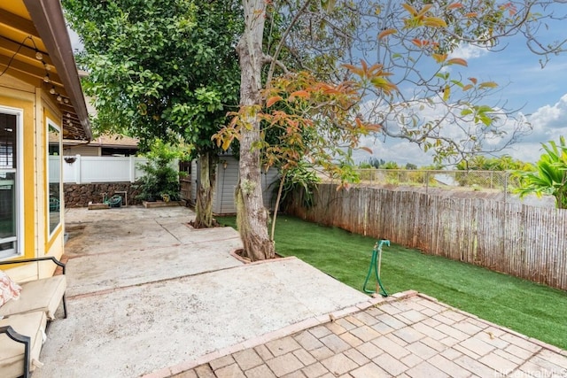 view of patio / terrace featuring a shed