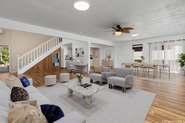 95-528 Awiki St, Mililani, HI 96789 - living area featuring stairway, wood finished floors, and ceiling fan