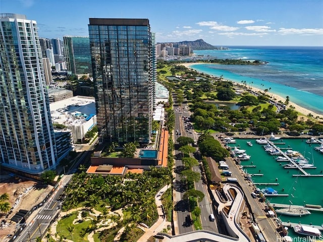 drone / aerial view featuring a beach view and a water view