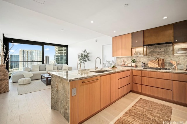 kitchen featuring light hardwood / wood-style floors, kitchen peninsula, decorative backsplash, sink, and light stone countertops