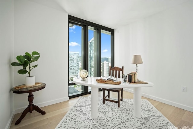 office area featuring floor to ceiling windows and light hardwood / wood-style flooring