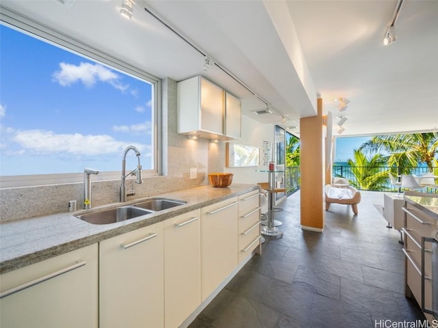 kitchen featuring sink, tasteful backsplash, white cabinetry, track lighting, and light stone counters