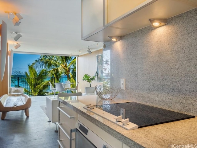 kitchen featuring white cabinets, track lighting, tasteful backsplash, and black electric cooktop