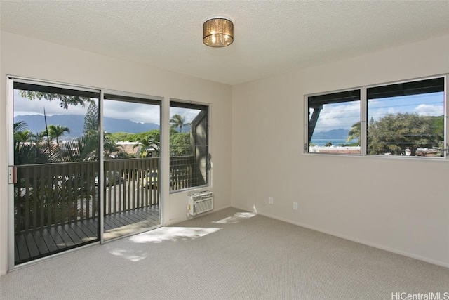 spare room featuring carpet floors, a wall unit AC, and a textured ceiling