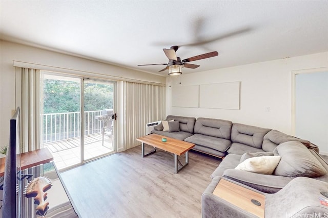 living area featuring a ceiling fan and light wood finished floors