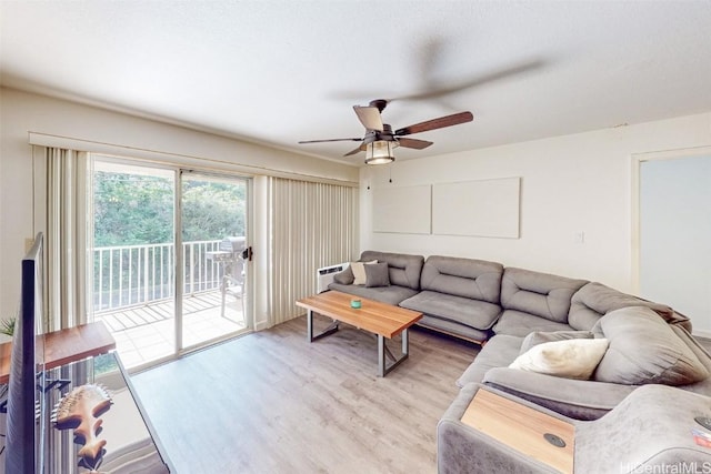 living room featuring ceiling fan and light wood-type flooring